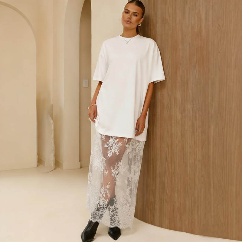 Stylish T-shirt and lace maxi skirt