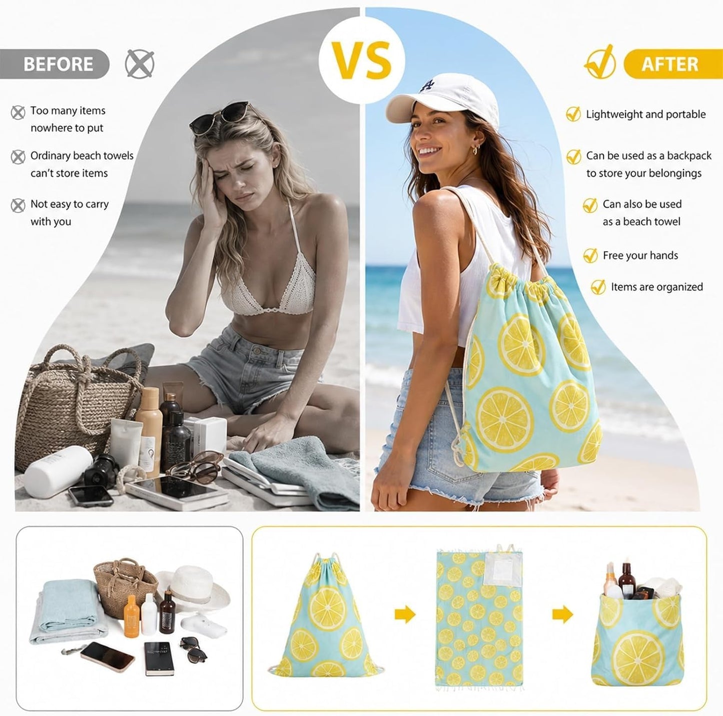 2‑in‑1 Convertible Beach Towel & Drawstring Backpack