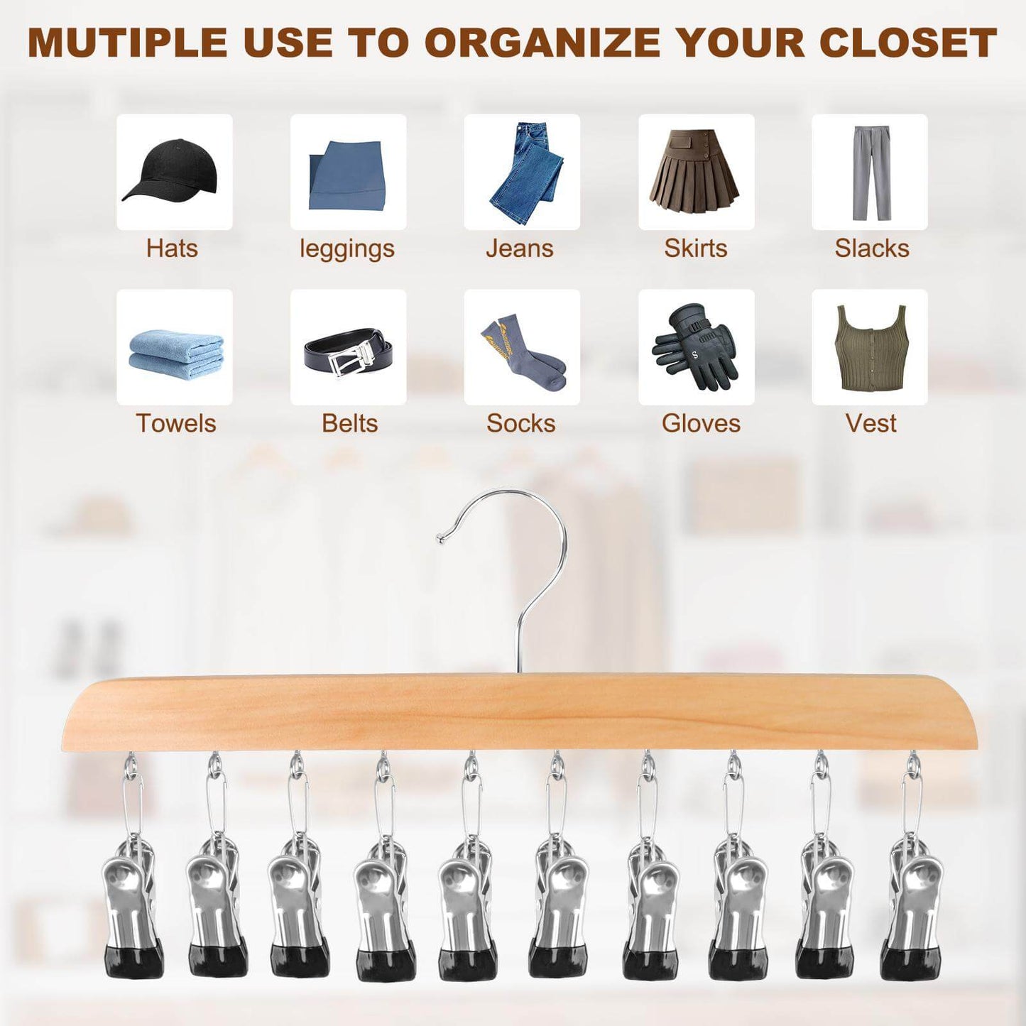 Wooden Legging Hanger with 10 Clips（2 pack）