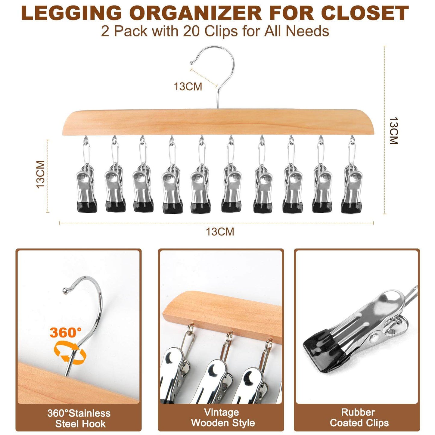 Wooden Legging Hanger with 10 Clips（2 pack）