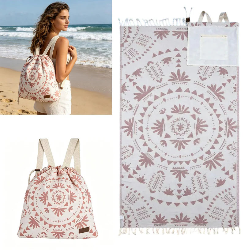 2‑in‑1 Convertible Beach Towel & Drawstring Backpack