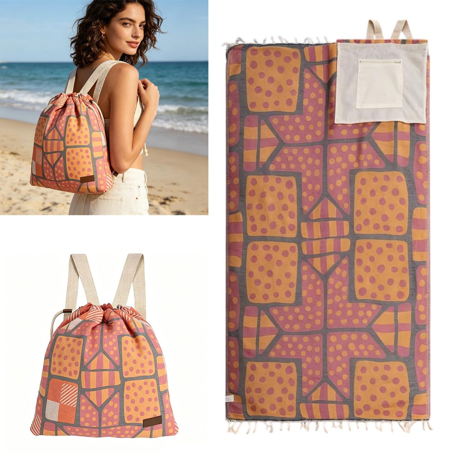 2‑in‑1 Convertible Beach Towel & Drawstring Backpack
