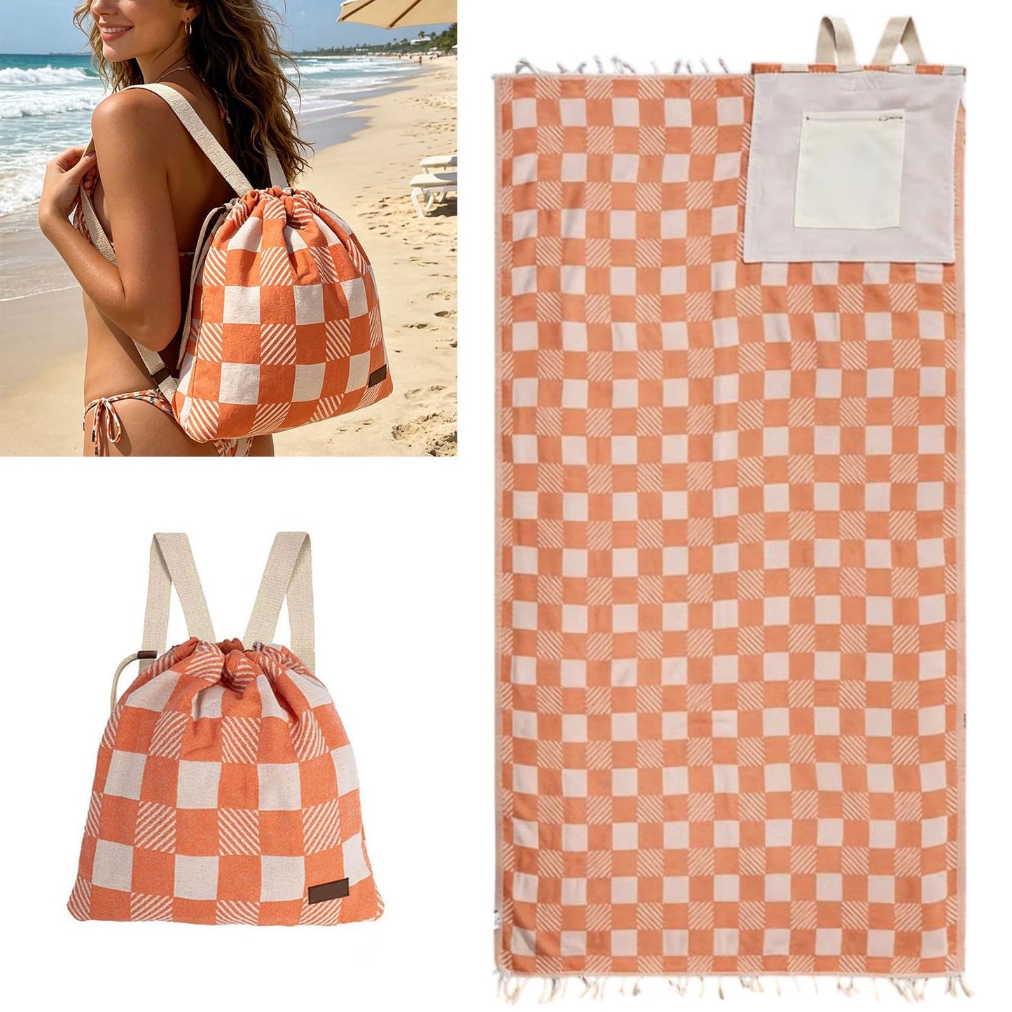 2‑in‑1 Convertible Beach Towel & Drawstring Backpack