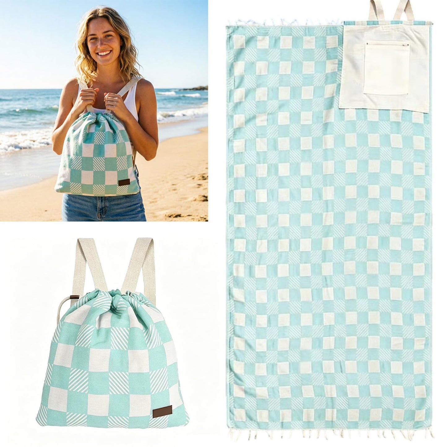 2‑in‑1 Convertible Beach Towel & Drawstring Backpack